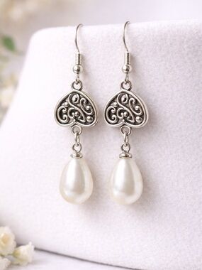 Heart Pearl Drop Earrings | Silver Filigree Dangle | Romantic Minimal